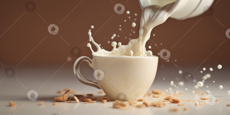 Скачать Чашка кофе с молоком на столе крупным планом. Брызги кофе и молока. Порождающий искусственный интеллект фотосток Ozero