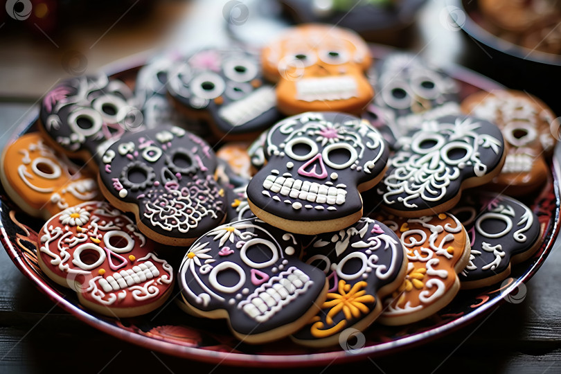 Скачать Домашнее гротескное сахарное печенье с черепом и скелетом во время мексиканского народного празднования Дня мертвых. фотосток Ozero