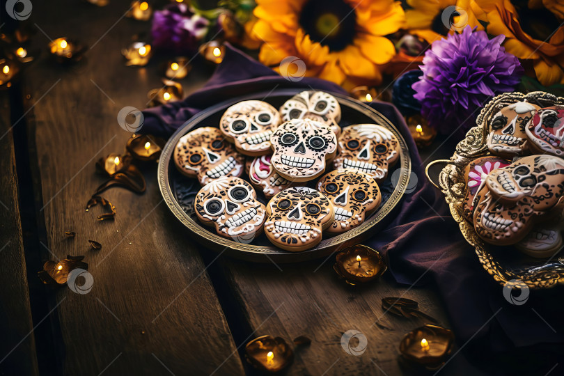 Скачать Домашнее гротескное сахарное печенье с черепом и скелетом во время мексиканского народного празднования Дня мертвых. фотосток Ozero