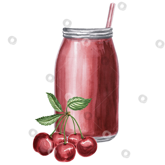 Скачать Акварельная иллюстрация бутылки с красным соком и вишней. фотосток Ozero