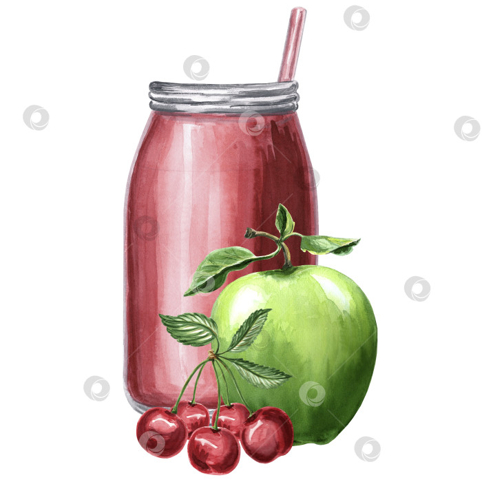 Скачать Акварельная иллюстрация бутылки с красным соком, вишней и яблоком. фотосток Ozero