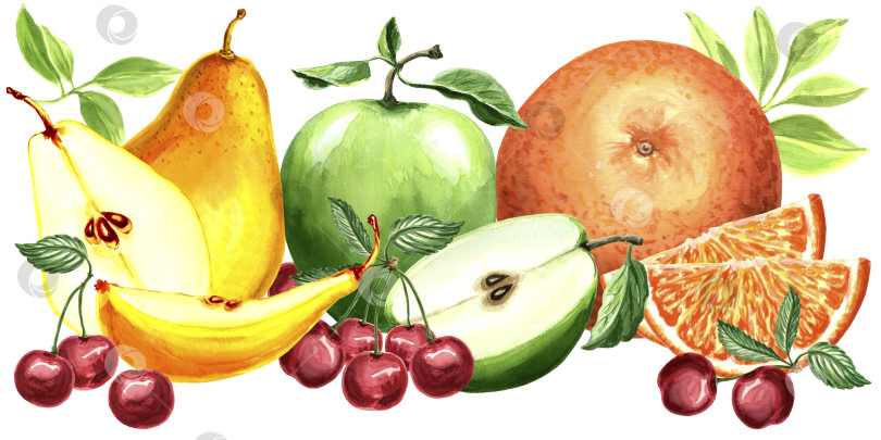 Скачать Акварельная композиция из фруктов яблока, груши, апельсина и вишни. Рисованные акварельные иллюстрации в формате JPEG для дизайна, тканей, оберточной бумаги, обоев, обложек, поздравительных открыток, принтов на одежде, текстиле, вышивке. фотосток Ozero