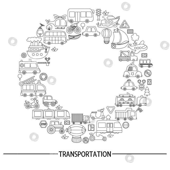 Скачать Векторная черно-белая транспортная круглая рамка с автобусом, автомобилем, лодкой, грузовиком. Дизайн шаблона линейной открытки с транспортом для баннеров, приглашений. Милый дорожный венок, раскраска с велосипедом, самолетом фотосток Ozero