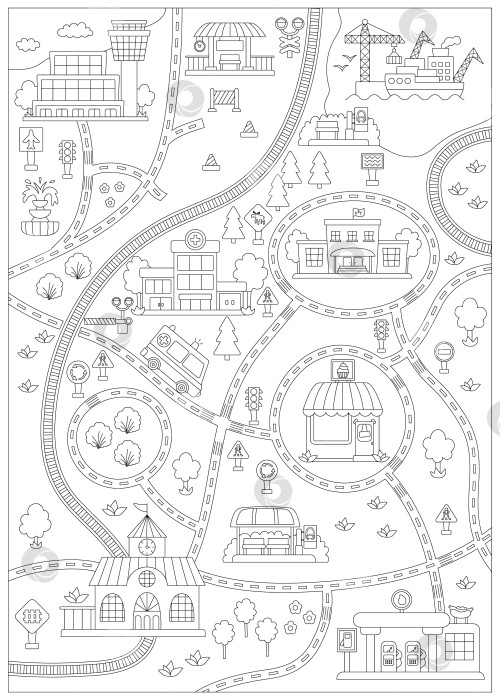 Скачать Черно-белая карта города с автомобильными дорогами и железной дорогой. Выровняйте пустой фон с рельсами, дорожными знаками для детей. Элементы векторной инфографики без переноса. Городская раскраска с местами и зданиями фотосток Ozero