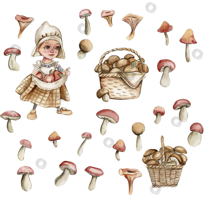 Скачать Осенний набор из девочки-гнома и грибов. Нарисованная от руки иллюстрация осени. Идеально подходит для скрапбукинга, детского дизайна, приглашений на свадьбу, плакатов, поздравительных открыток, оформления вечеринок. фотосток Ozero