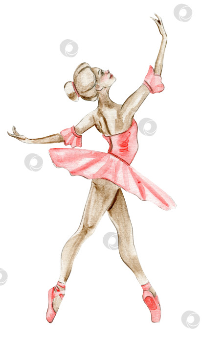 Скачать Акварель танцующей балерины в красном платье. Одиноко танцующая балерина. Нарисованное от руки классическое балетное представление, поза. Иллюстрация молодой симпатичной женщины-балерины. Можно использовать для изготовления открыток и плакатов. фотосток Ozero