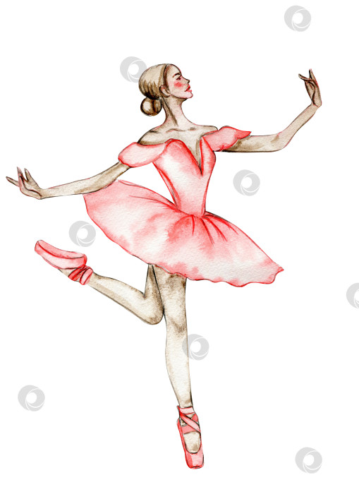 Скачать Акварель танцующей балерины в красном платье. Одиноко танцующая балерина. Нарисованное от руки классическое балетное представление, поза. Иллюстрация молодой симпатичной женщины-балерины. Можно использовать для изготовления открыток и плакатов. фотосток Ozero
