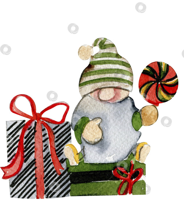 Скачать Акварельные скандинавские рождественские гномы. Рождественские украшения и персонажи. Акварельные элементы.Дизайн для вечеринки в честь дня рождения ребенка, дня рождения, торта, оформления праздничного торжества, поздравительной открытки, приглашения. фотосток Ozero