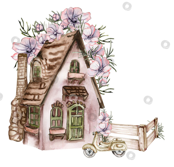 Скачать Акварельная композиция из старого деревянного фермерского дома и розового цветка. Нарисованная от руки иллюстрация акварелью на белом фоне. Идеально подходит для приглашения на свадьбу, поздравительной открытки. фотосток Ozero