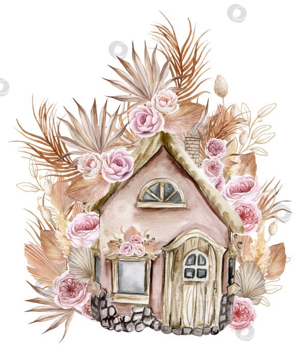 Скачать Акварельная композиция из старого деревянного фермерского дома и розового цветка. Нарисованная от руки иллюстрация акварелью на белом фоне. Идеально подходит для приглашения на свадьбу, поздравительной открытки. фотосток Ozero