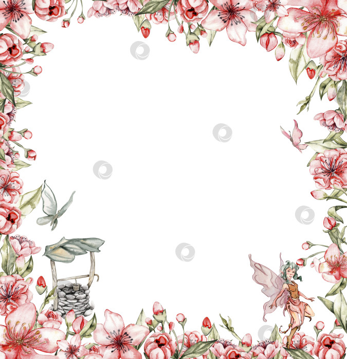 Скачать Акварельная квадратная рамка "Весенний сад, полный цветов" в мультяшном стиле с милой цветочной феей. Мультяшный рисованный фон с цветочной принцессой для детского дизайна. Идеально подходит для приглашения на свадьбу. фотосток Ozero