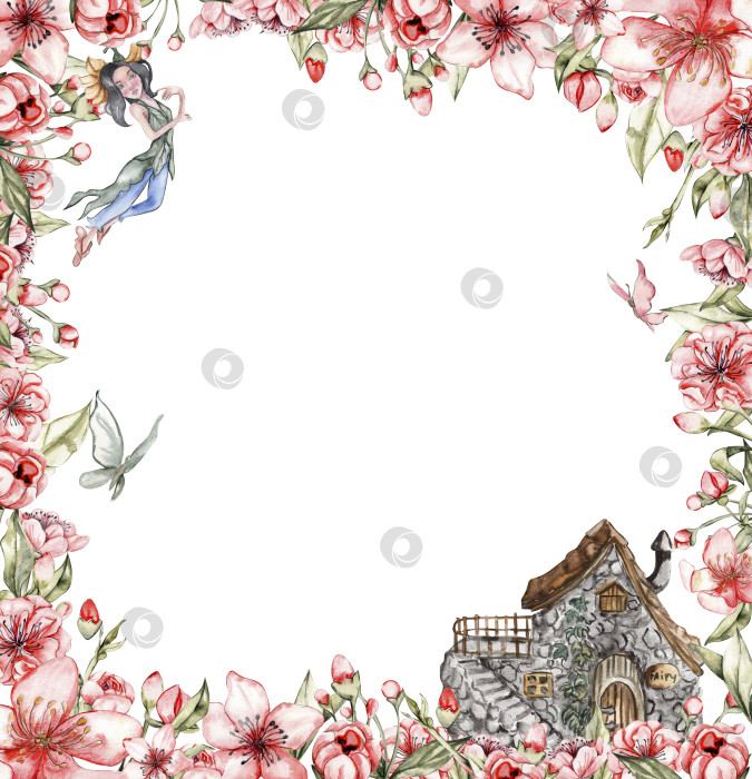Скачать Акварельная квадратная рамка "Весенний сад, полный цветов" в мультяшном стиле с милой цветочной феей. Мультяшный рисованный фон с цветочной принцессой для детского дизайна. Идеально подходит для приглашения на свадьбу. фотосток Ozero