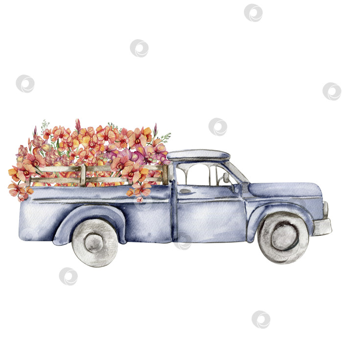 Скачать Акварельная композиция с цветами и фермерским автомобилем. Бабочки в мультяшном стиле.Рисованная иллюстрация идеально подходит для скрапбукинга, детского дизайна, приглашений на свадьбу, плакатов, поздравительных открыток. фотосток Ozero
