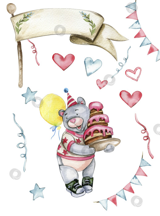 Скачать Композиция для празднования вечеринки. Медведь и кролик в праздничной шапочке. Акварельный рисунок от руки для вечеринки в честь дня рождения ребенка, дня рождения, торта, праздничного оформления, поздравительной открытки, приглашения. фотосток Ozero