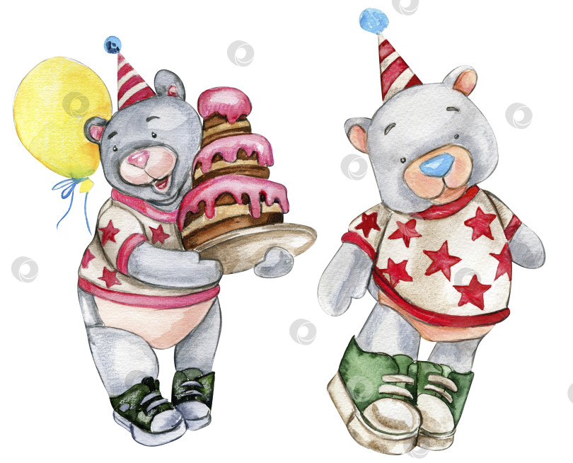 Скачать Элементы праздничной вечеринки, раскрашенные вручную акварелью. Медведь и кролик в праздничной шапочке. Дизайн для вечеринки в честь дня рождения ребенка, дня рождения, торта, праздничного оформления, поздравительной открытки, приглашения. фотосток Ozero