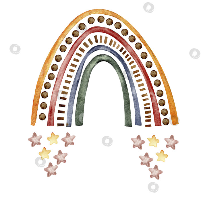 Скачать Акварельная ручная роспись милой радуги и звезд. Иллюстрация, выделенная на белом фоне. Дизайн для вечеринки в честь дня рождения ребенка, дня рождения, торта, праздничного оформления, поздравительной открытки, приглашения. фотосток Ozero