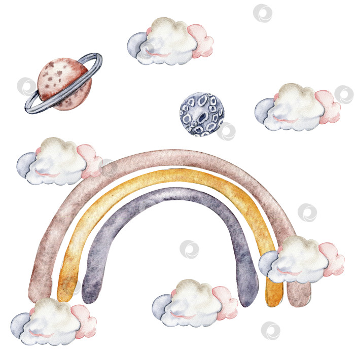 Скачать Акварельная ручная роспись милой радуги и клоунов. Иллюстрация, выделенная на белом фоне. Дизайн для вечеринки в честь дня рождения ребенка, дня рождения, торта, праздничного оформления, поздравительной открытки, приглашения. фотосток Ozero