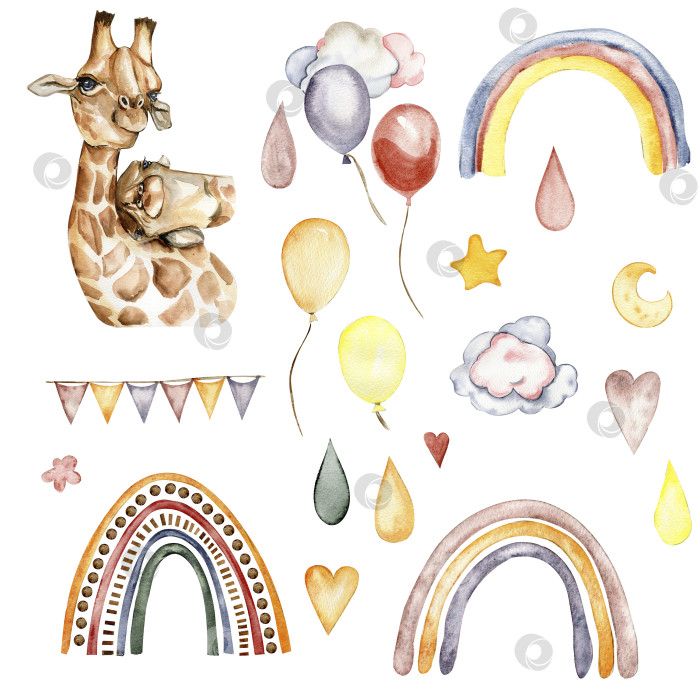 Скачать Цветная рисованная иллюстрация жирафа и радуги, мультяшное тропическое животное, экзотический дизайн летних джунглей. Дизайн для вечеринки в честь дня рождения ребенка, дня рождения, торта, праздничного оформления, поздравительной открытки, приглашения. фотосток Ozero
