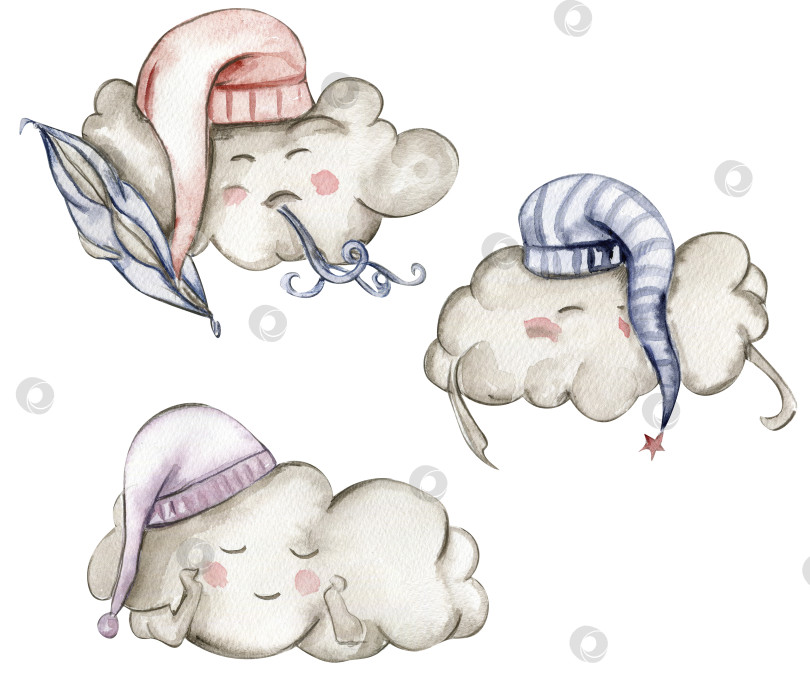 Скачать Нарисованные акварелью от руки милые белые спящие облака в мультяшном стиле. Иллюстрация для ребенка на белом фоне. Идеально подходит для свадебных приглашений, поздравительных открыток, плакатов, узоров ткани. фотосток Ozero