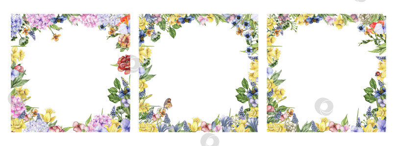Скачать Нарисованный акварелью весенний сад, полный цветов, в квадратной рамке. Акварельная иллюстрация для скрапбукинга.Мультяшный рисованный фон с цветком для детского дизайна.Идеально подходит для приглашения на свадьбу. фотосток Ozero