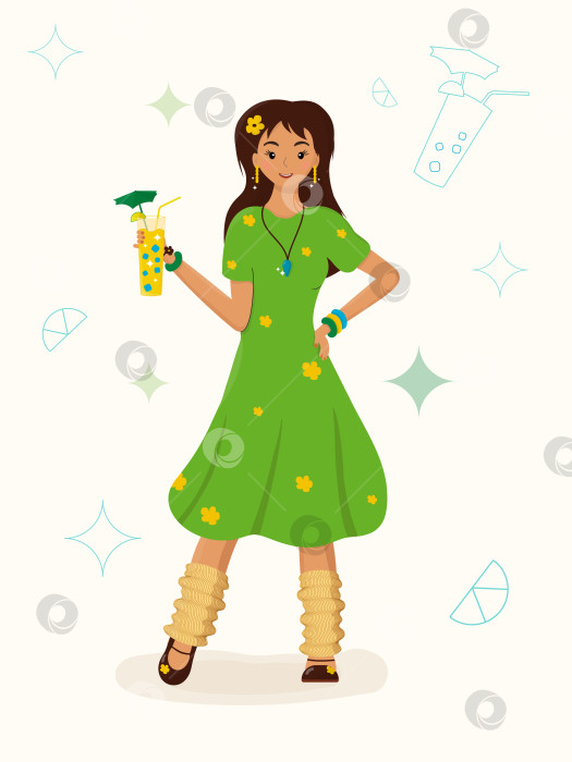 Скачать Женщина, стоящая с освежающим напитком векторная иллюстрация. Загорелая девушка в зеленом платье держит лимонад. фотосток Ozero
