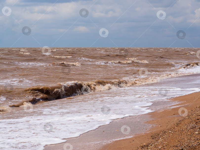Скачать Шоколадно-коричневые волны накатываются на песчаный берег под голубым небом после урагана. Мутная морская вода от сильных ветровых волн. Естественное состояние мелководного Азовского моря фотосток Ozero