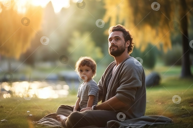 Скачать Мужчина средних лет с маленьким сыном медитируют в парке фотосток Ozero