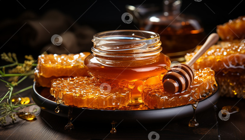 Скачать Уютный натюрморт в деревенском стиле: баночка с медом, ковшик для меда и соты. Капли вязкого янтарного меда. Композиция на фоне деревянного стола. фотосток Ozero