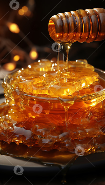 Скачать Соты сияют янтарным медом. Вязкие капельки меда медленно стекают каскадом из ковша для меда по сотам. Натюрморт крупным планом фотосток Ozero