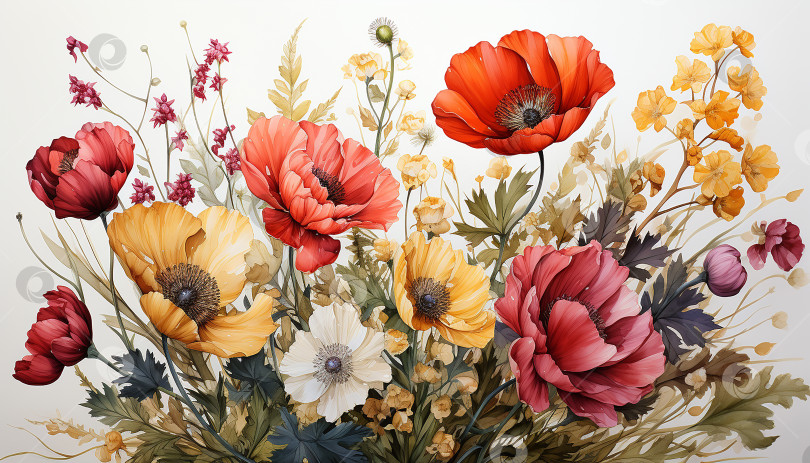 Скачать Акварельная композиция из полевых цветов. Букет состоит из маков, тюльпанов, васильков и других луговых и полевых трав фотосток Ozero