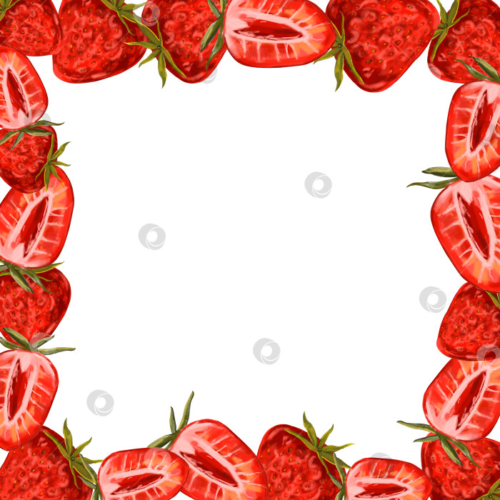 Скачать Квадратная рамка с клубникой, акварельная ботаническая иллюстрация ягоды. Рамка из спелых летних ягод на белом фоне. Клубничный акварельный фрам фотосток Ozero