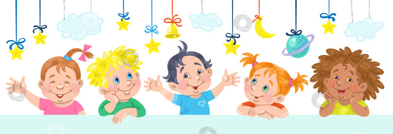 Скачать С днем рождения! Забавные маленькие дети в праздничном декоративном интерьере. Шаблон для открытки, плаката, приглашения, баннера. фотосток Ozero
