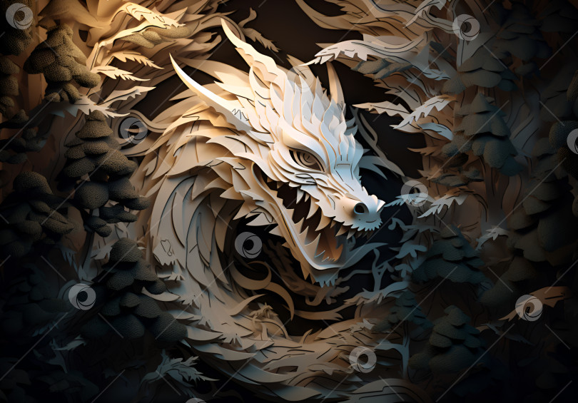 Скачать Год дракона, китайский зодиакальный дракон, красная вырезка из бумаги. 3d-иллюстрация деревянного дракона как символа года. Иллюстрация дракона в белом и сером цветах, техника вырезания из бумаги фотосток Ozero