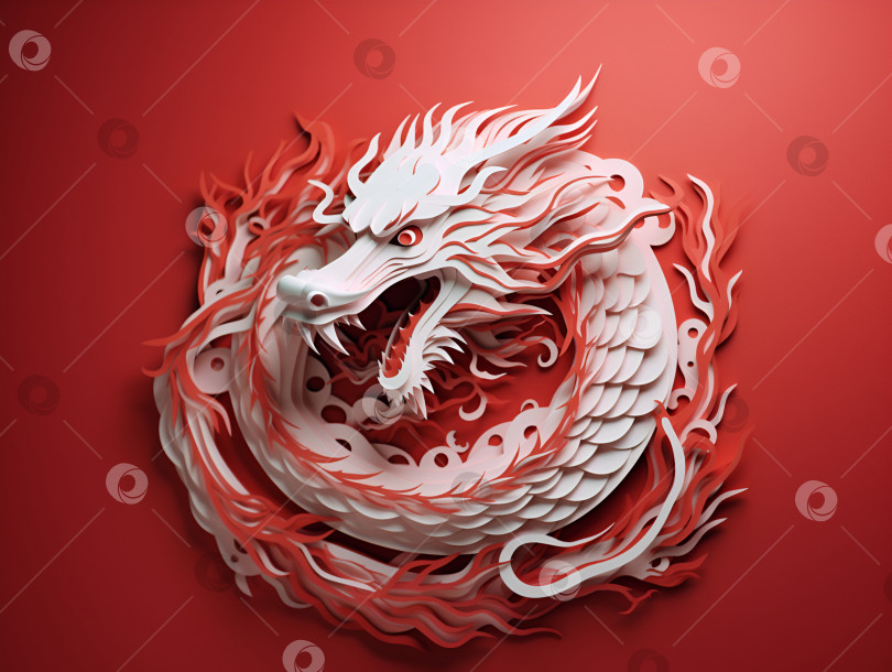 Скачать Год дракона, китайский зодиакальный дракон, красная вырезка из бумаги. 3d-иллюстрация деревянного дракона как символа года. Иллюстрация дракона в красном и белом цветах, техника вырезания из бумаги фотосток Ozero