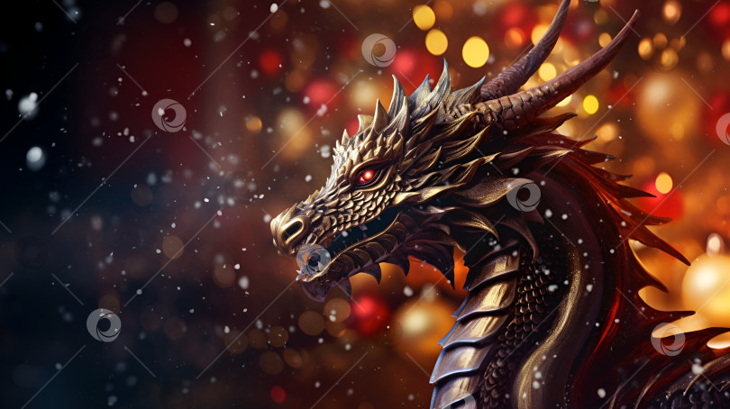 Скачать Шаблон новогодней поздравительной открытки с драконом. Баннер с поздравлением с китайским новым 2024 годом с головой дракона на размытом фоне боке, дизайн календарного плаката. Праздничная фоновая иллюстрация, символ года фотосток Ozero