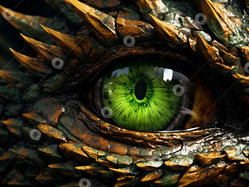 Скачать Коричневый драконий глаз. Светло-зеленый глаз деревянного дракона. Зеленые глаза. Концепция мифологических существ. Звериный глаз. Фантастический монстр. Древняя рептилия. Темные тона. 3D-иллюстрация. Символ 2024 года фотосток Ozero