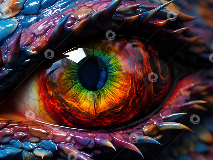 Скачать Драконий глаз. Разноцветный глаз красочного фантастического дракона. Разноцветные глаза. Концепция мифологических существ. Звериный глаз. Фантастический монстр. Древняя рептилия. Темные тона. Крупным планом. 3D-иллюстрация фотосток Ozero