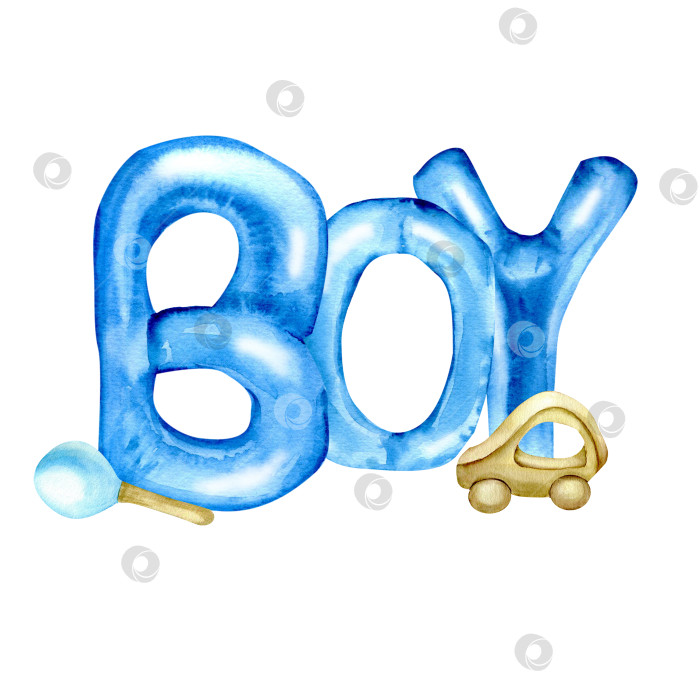 Скачать Акварельная композиция для душа baby boy с голубыми воздушными шариками word boy, деревянной игрушечной машиной и погремушкой фотосток Ozero