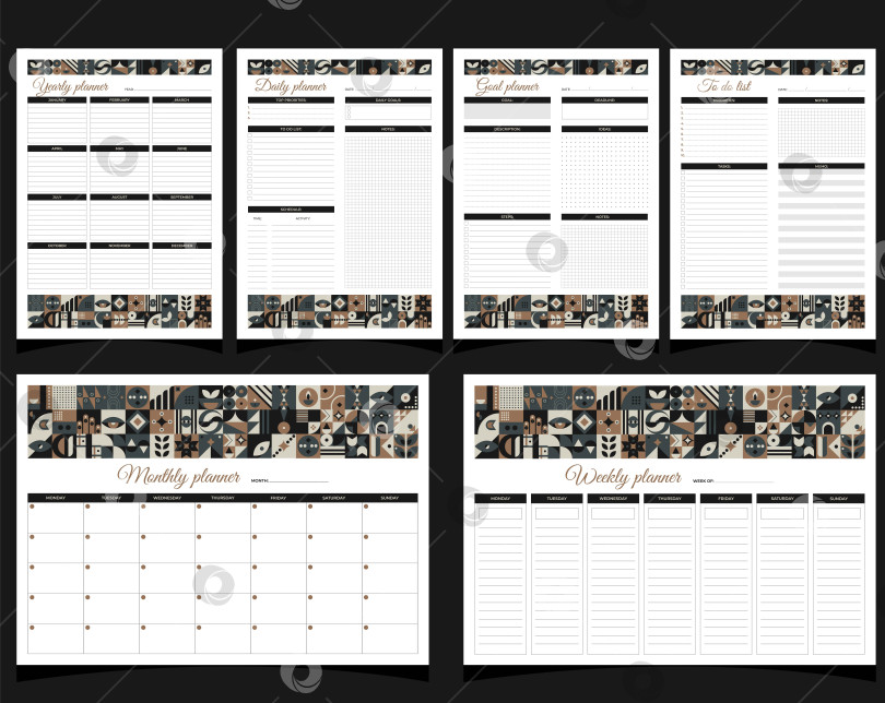 Скачать Планировщики задают геометрию. Ежедневное, еженедельное, ежемесячное, ежегодное планирование целей и списков дел. Планировщики печатают шаблон с геометрическими фигурами. Пустая белая страница блокнота формата А4. Векторная иллюстрация. фотосток Ozero