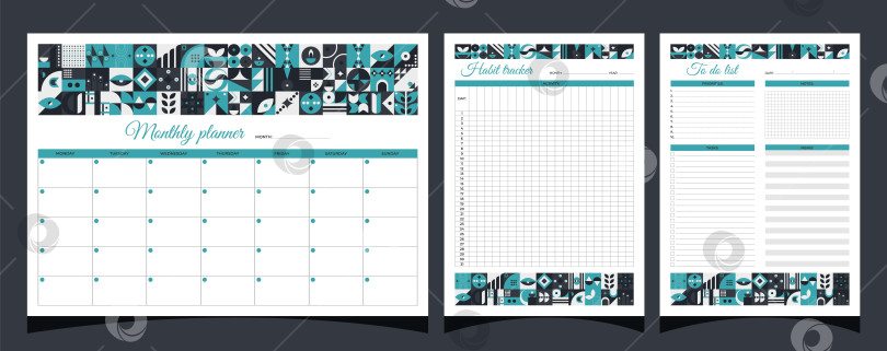Скачать Планировщики задают геометрию. Ежемесячно, отслеживание привычек, составление списков дел. Планировщики печатают шаблон с геометрическими фигурами. Пустая белая страница блокнота формата А4. Векторная иллюстрация. фотосток Ozero