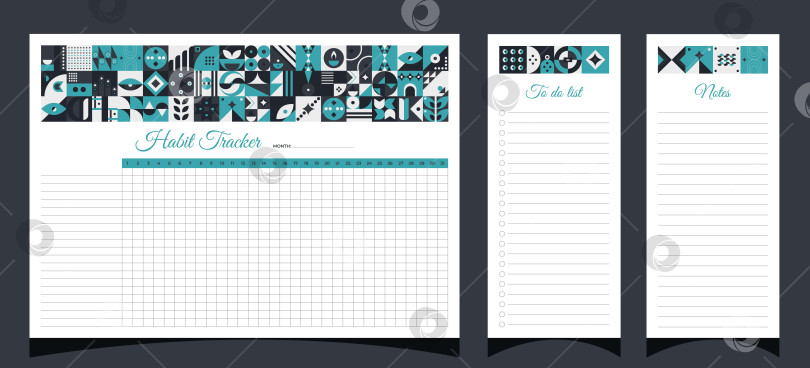 Скачать Планировщики задают геометрию. Отслеживание привычек, составление списка дел и заметок. Планировщики печатают шаблон с геометрическими фигурами. Пустая белая страница блокнота формата А4. Векторная иллюстрация. фотосток Ozero