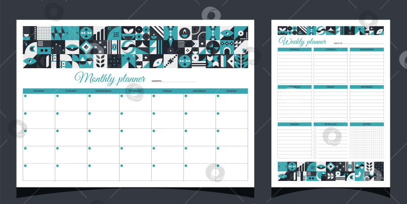 Скачать Планировщики задают геометрию. Ежемесячные и тщательные планировщики. Планировщики печатают шаблон с геометрическими фигурами. Пустая белая страница блокнота формата А4. Векторная иллюстрация. фотосток Ozero