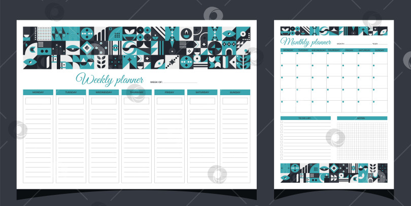 Скачать Планировщики задают геометрию. Еженедельные и ежемесячные планировщики. Планировщики печатают шаблон с геометрическими фигурами. Пустая белая страница блокнота формата А4. Векторная иллюстрация. фотосток Ozero