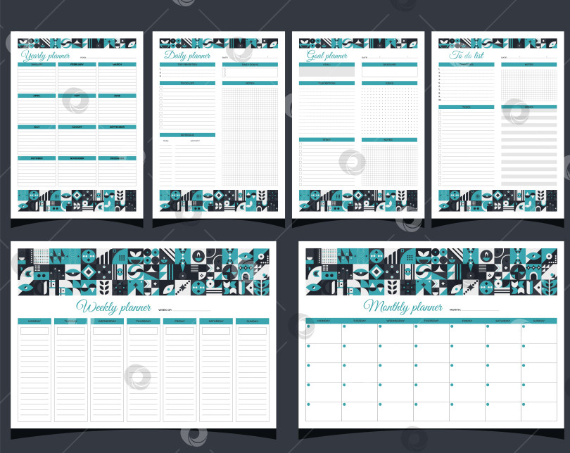Скачать Планировщики задают геометрию. Ежедневное, еженедельное, ежемесячное, ежегодное планирование целей и списков дел. Планировщики печатают шаблон с геометрическими фигурами. Пустая белая страница блокнота формата А4. Векторная иллюстрация. фотосток Ozero