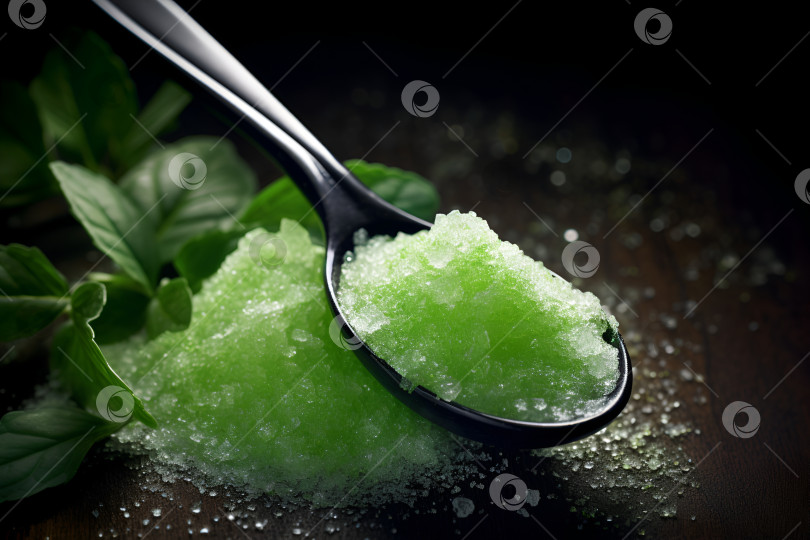 Скачать Зеленый сахар. Ложка, наполненная зелеными кристаллами стевии и свежими листьями стевии, на темном фоне. Баннер из органического зеленого сахара, место для копирования. Натуральный подсластитель, заменитель сахара, альтернативный сахар. Без сахара фотосток Ozero