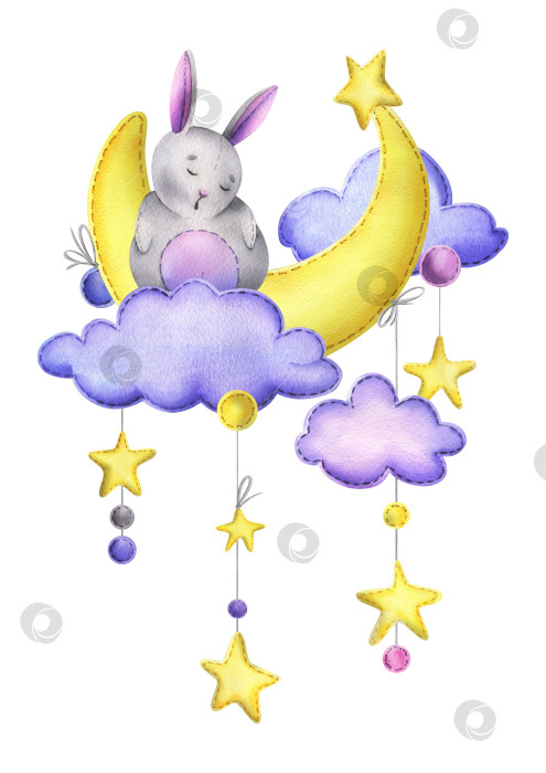 Скачать Вышитый милый серый кролик сидит и спит на желтой луне с висячими звездами, точками, облаками. Акварельная иллюстрация, нарисованная от руки. Изолированная композиция на белом фоне. фотосток Ozero