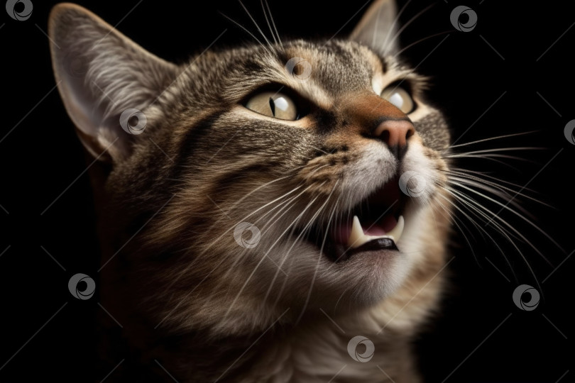 Скачать Портрет кричащего кота. Удивленный кот с открытым ртом мяукает и о чем-то просит. Сгенерированный искусственный интеллект. фотосток Ozero