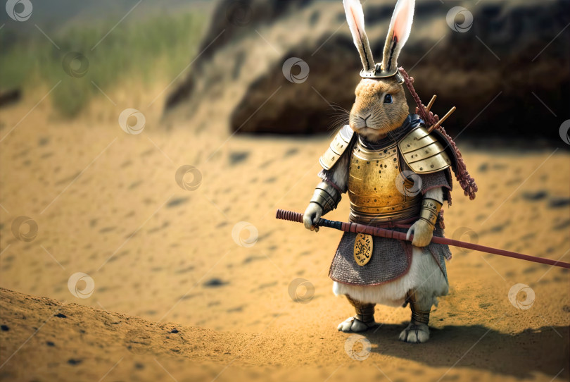 Скачать Кролик-самурай в традиционном стиле рисования. Рисунок в японском стиле с изображением воина-зайца в кимоно. Сгенерированный искусственный интеллект. фотосток Ozero