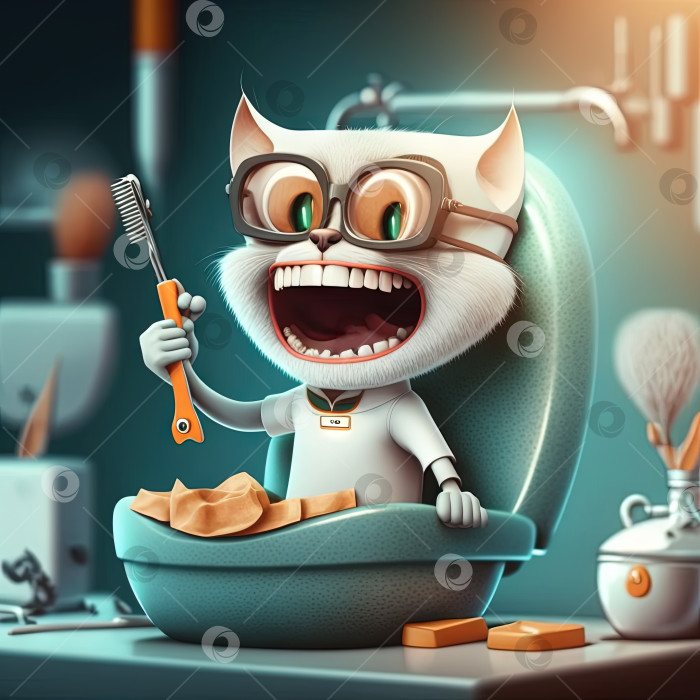 Скачать Забавный кот-дантист. Милый котенок в костюме доктора со стоматологическими и гигиеническими принадлежностями. Генеративный искусственный интеллект. фотосток Ozero