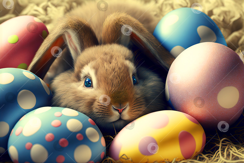 Скачать Пасхальный кролик с разноцветными праздничными яйцами. Милый пушистый кролик празднует весенний праздник. Сгенерированный искусственный интеллект. фотосток Ozero